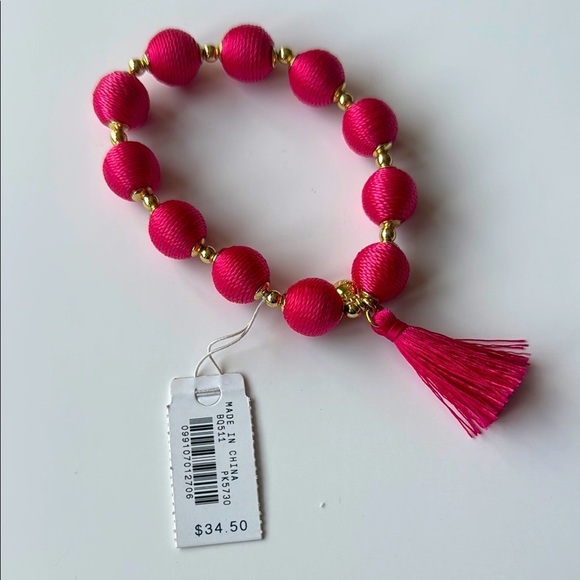 NWT J. Crew Hot Pink Fabric Beaded  Stretch Bracelet - Picture 2 of 5